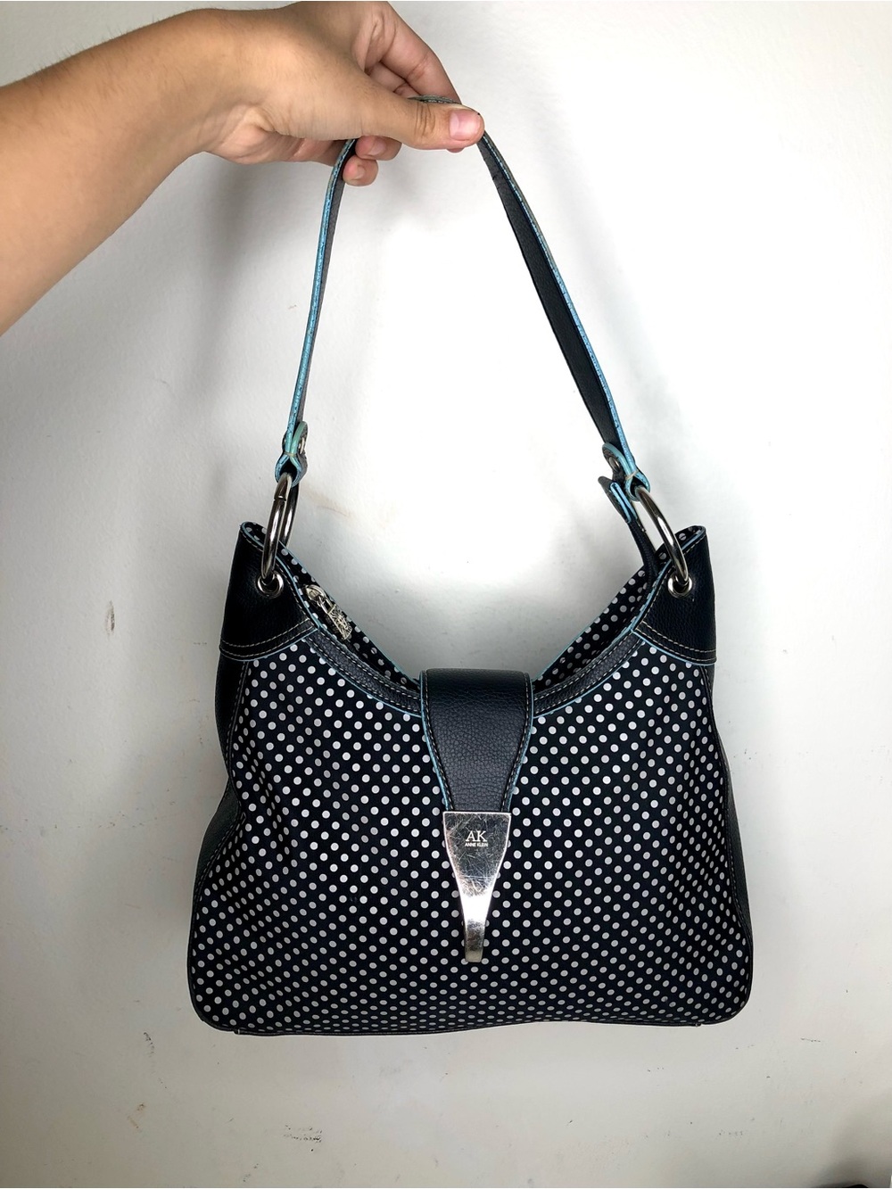 Anne Klein Black Polka Dot Shoulder Bag with Teal Trim